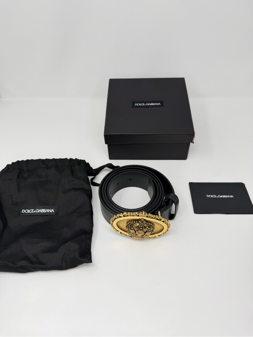 Dolce & Gabbana Black Leather Belt with Gold Ornate Medallion Buckle